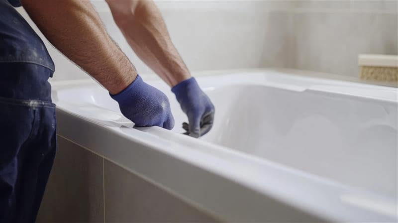 Proceso de instalación de bañera en Bogotá un baño elegante, mostrando a un profesional conectando las tuberías y asegurando un acabado de alta calidad