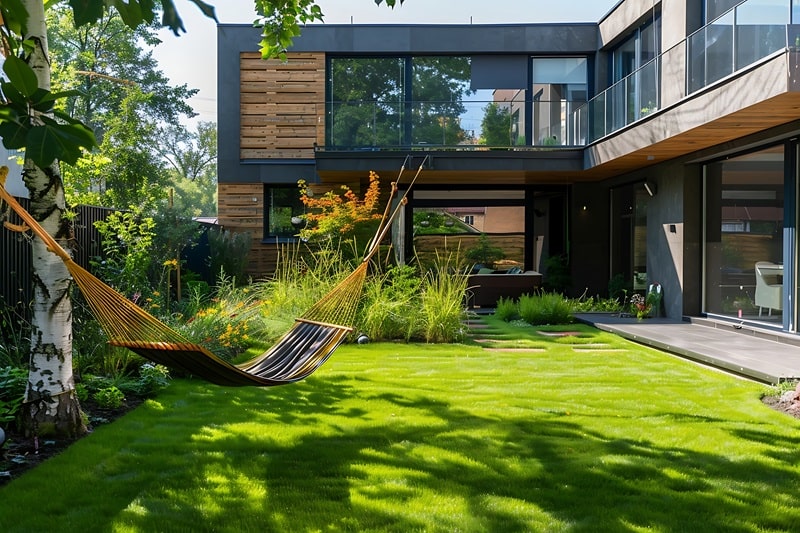 Instalación de hamaca en Bogotá entre árboles en un jardín frente a una casa moderna
