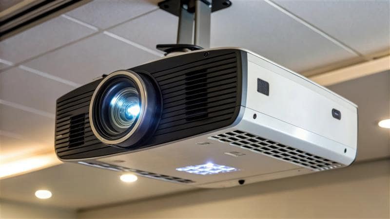Instalación de proyector de video en Bogotá colgado en el techo, mostrando un sistema de proyección moderno y listo para su uso