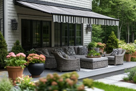 Servicio de instalación de toldo en Bogotá en terraza residencial con muebles de jardín