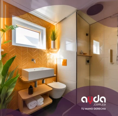Remodelación de baño pequeño en color amarillo con acabados modernos, buena organización y plantas.